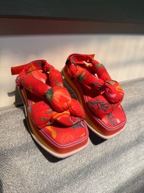 FARM Rio Red Floral Knotted Platform Sandals